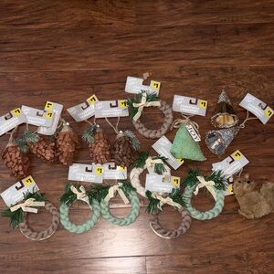 Assorted Christmas Ornaments - Braided Wreaths, Pine Cones & Tree LOT OF 16